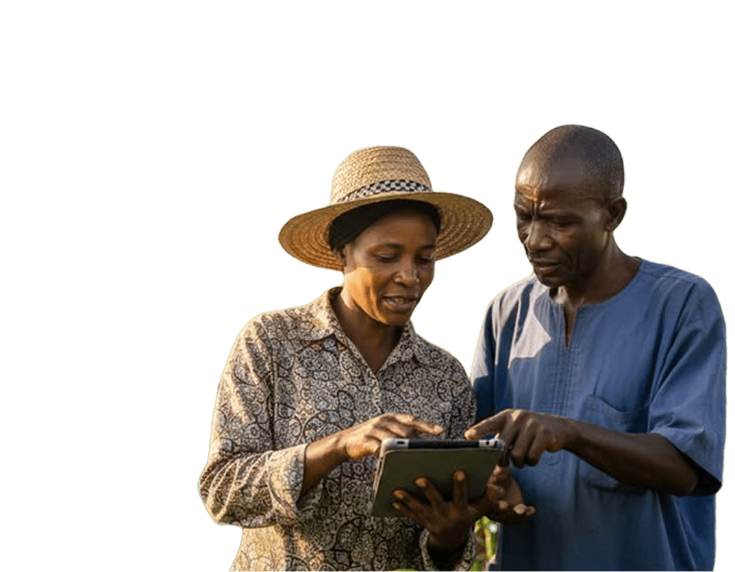Farmers reviewing agricultural data on a tablet